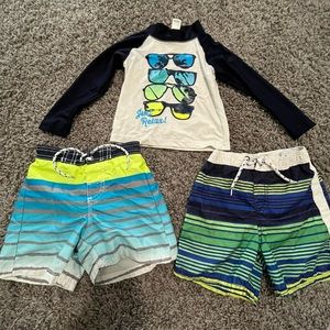 Boys 2T swim, rash guard and two trunks GUC